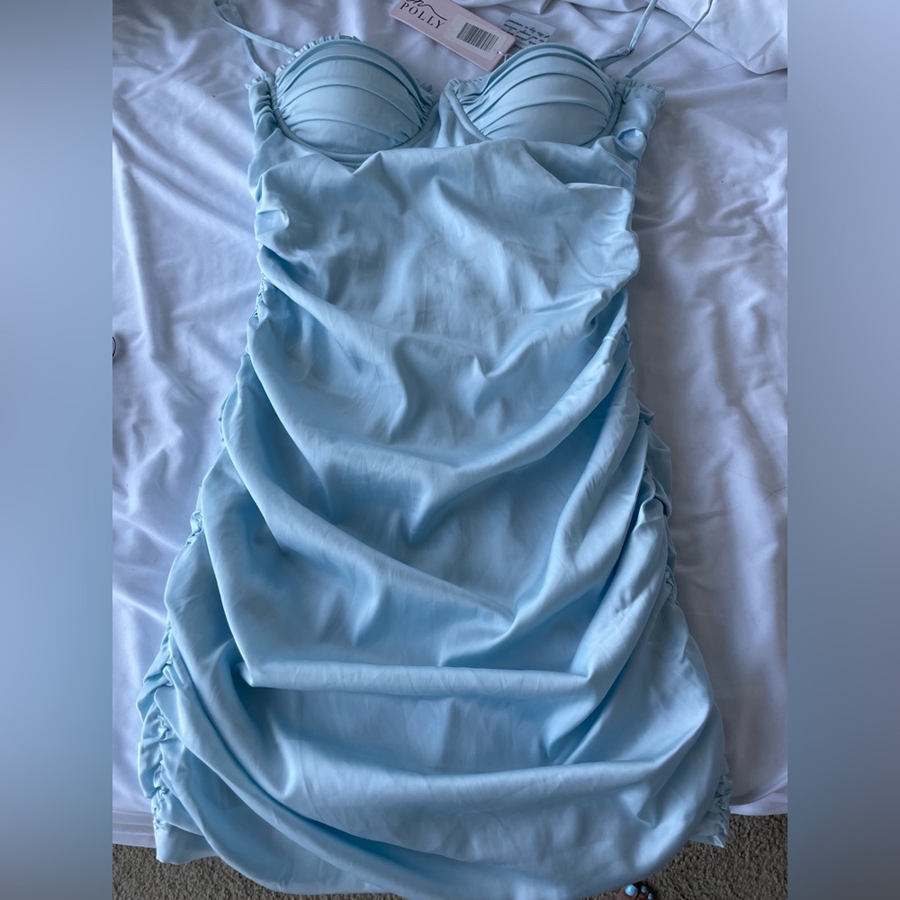 Oh polly light blue satin bodycon mini dress.